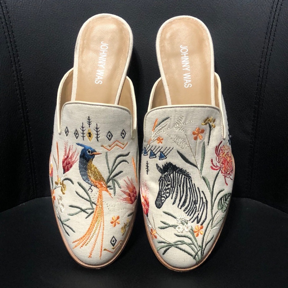 $268 Johnny Was Embroidered Flat Slides Loafer Mules Watipaso 8.5 8 1/2